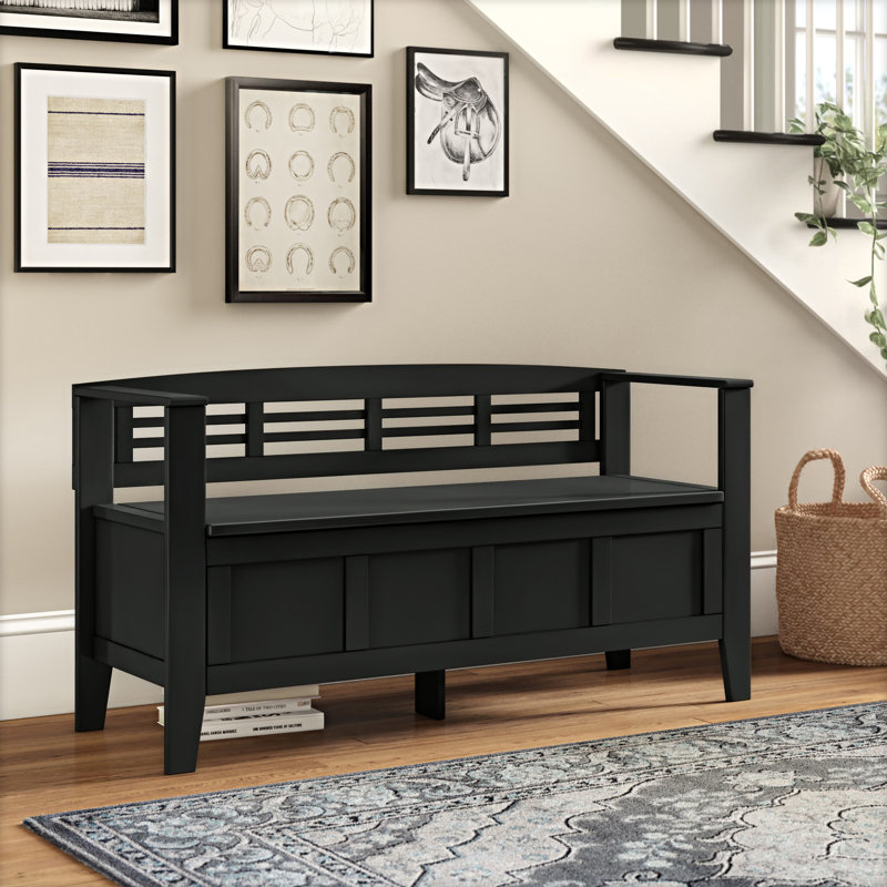 Black Solid Pine 48" Entryway Storage Bench with Backrest