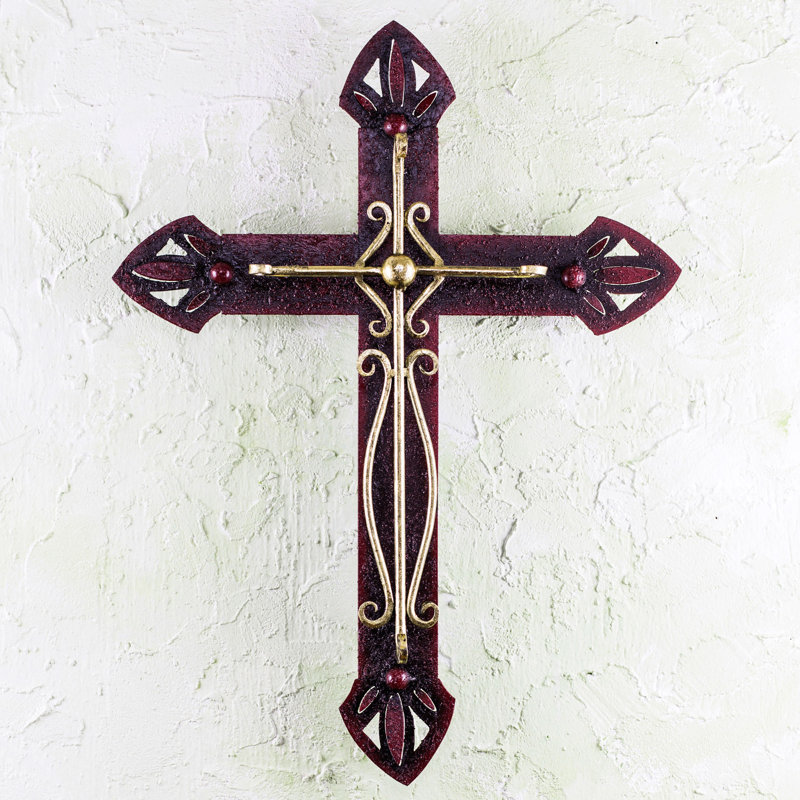 Handcrafted Red and Gold Iron Cross Wall Sculpture