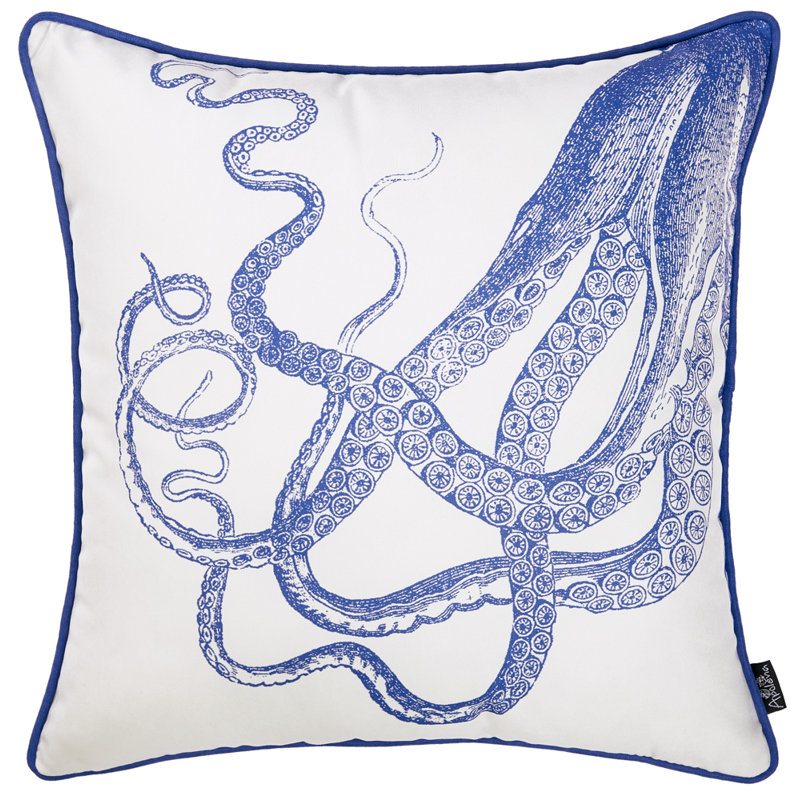 Coastal Charm White and Blue Octopus 18" Square Pillow Cover