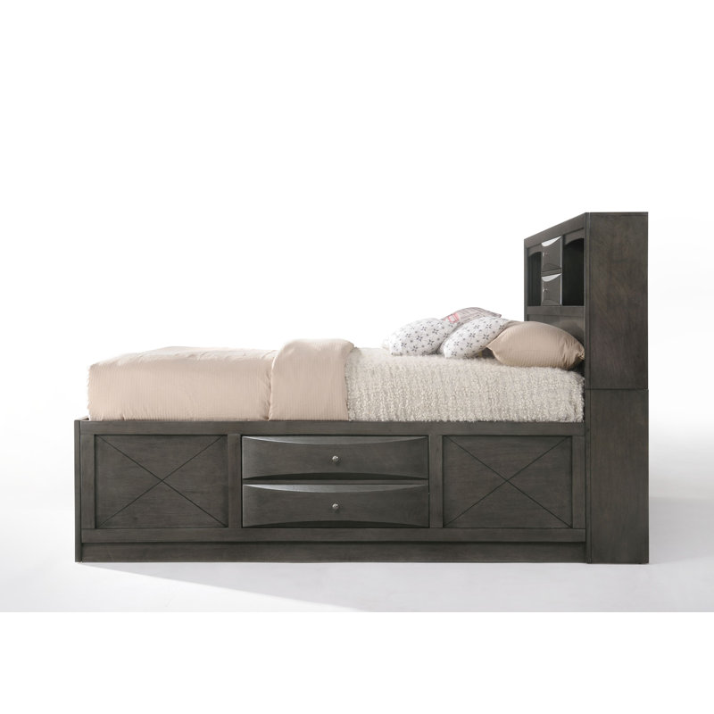 Transitional Gray Oak Queen Bed with Bookcase and Storage Drawers