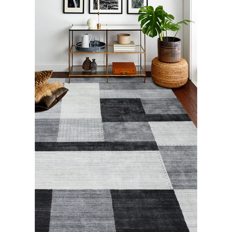 Ivory and Gray Handwoven Geometric Wool-Viscose Blend Area Rug 7'9" x 9'9"