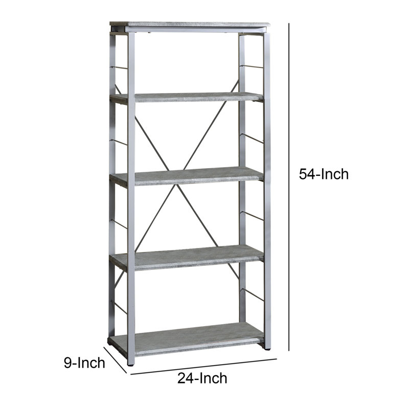 Gray Wood and Metal Industrial 4-Shelf Bookcase