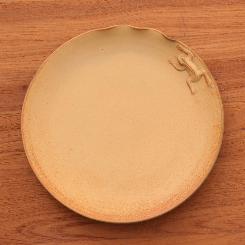 Handmade Round Ceramic Decorative Plate with Frog Design