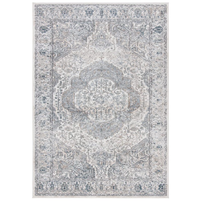 Elegant Ivory and Grey Floral Synthetic Area Rug, 8' x 10'