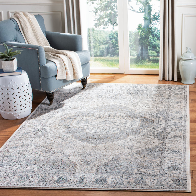 Elegant Ivory and Grey Floral Synthetic Area Rug, 8' x 10'