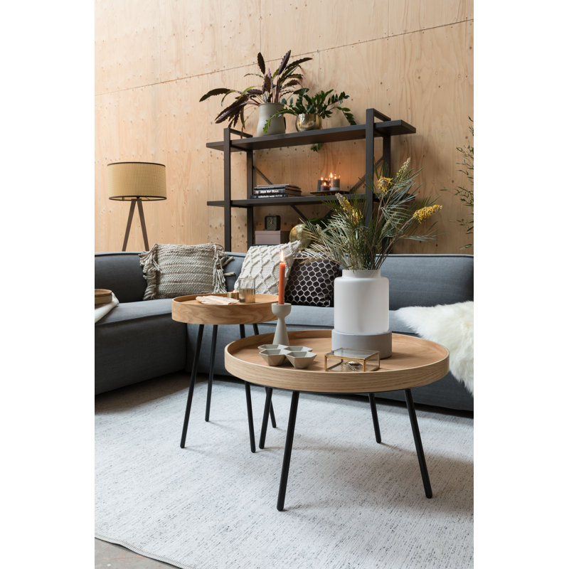Round Brown MDF Tray Top End Table with Black Metal Legs