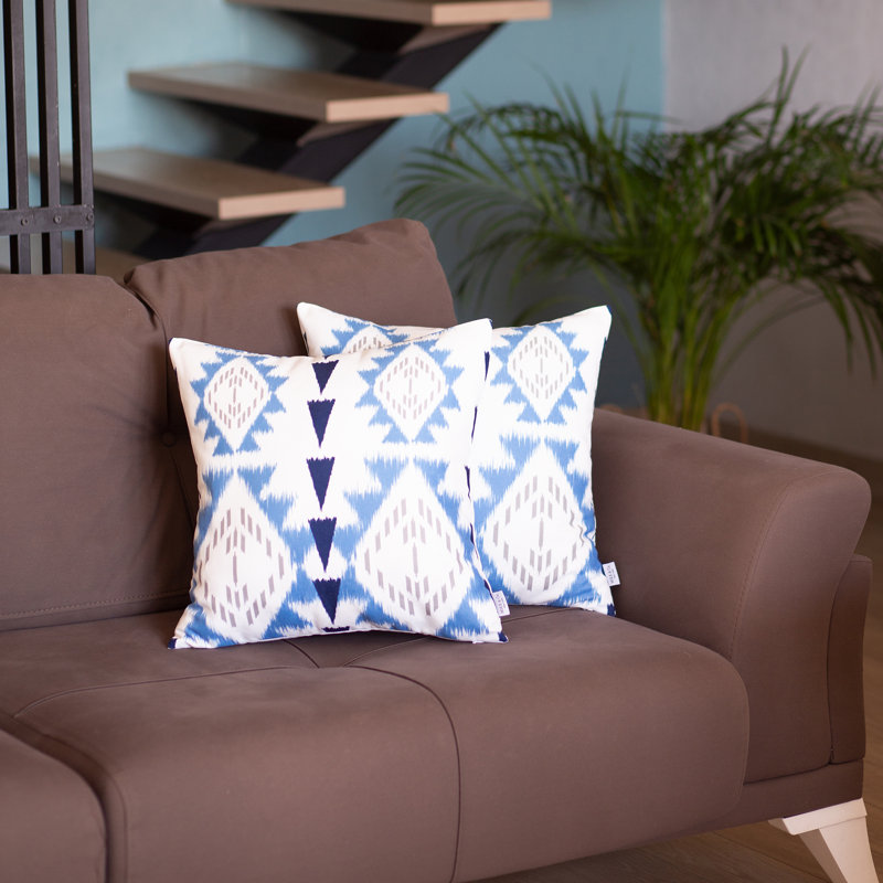 Blue and White Ikat Polyester Square Pillow Covers