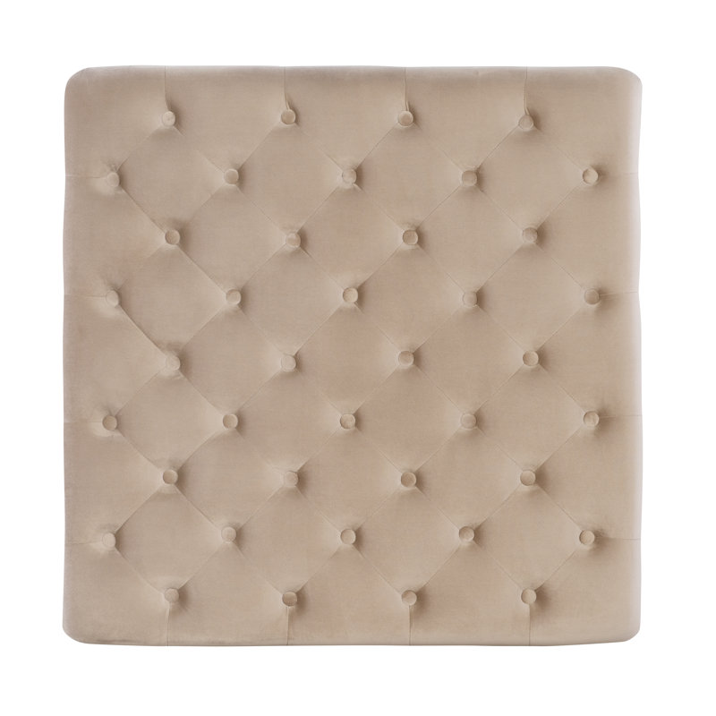 Vintage Tan Velvet Tufted Ottoman with Antique Brass Nailheads