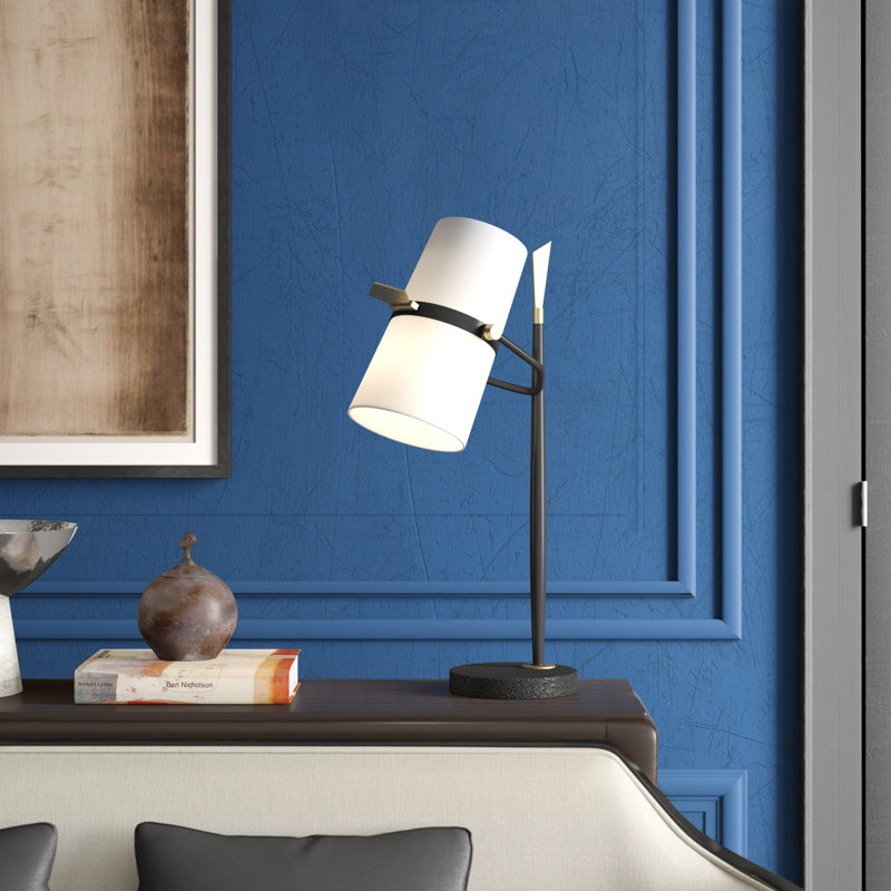 Yasmin Adjustable Black Iron Desk Lamp with Off-White Linen Shade