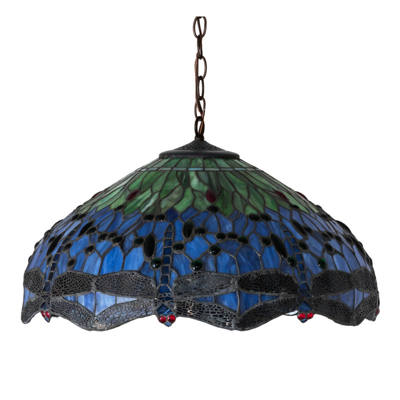 Meyda 22" Tiffany Dragonfly Stained Glass Pendant in Mahogany Bronze