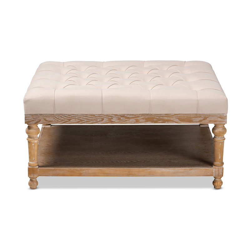 Elegant Beige Linen and Greywashed Wood Tufted Cocktail Ottoman