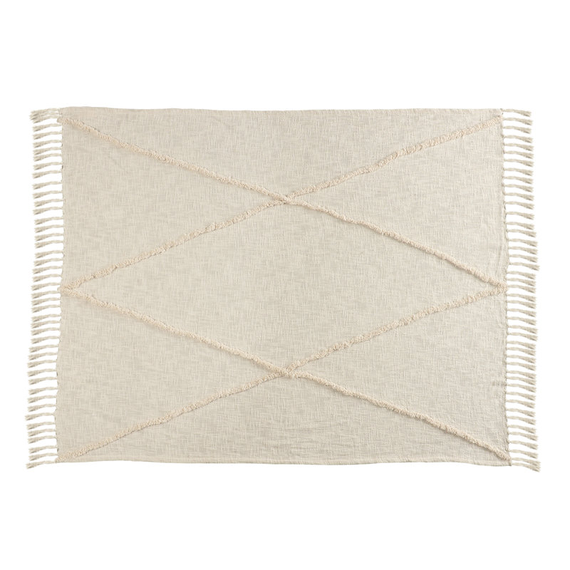 Birch & Cream Handwoven Cotton Throw Blanket with Fringe Accents