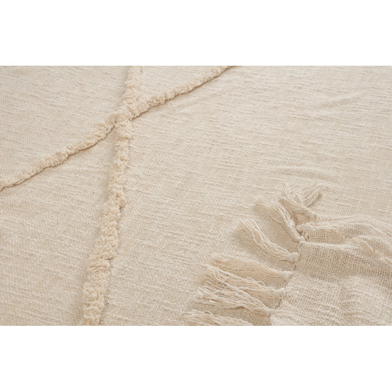 Birch & Cream Handwoven Cotton Throw Blanket with Fringe Accents