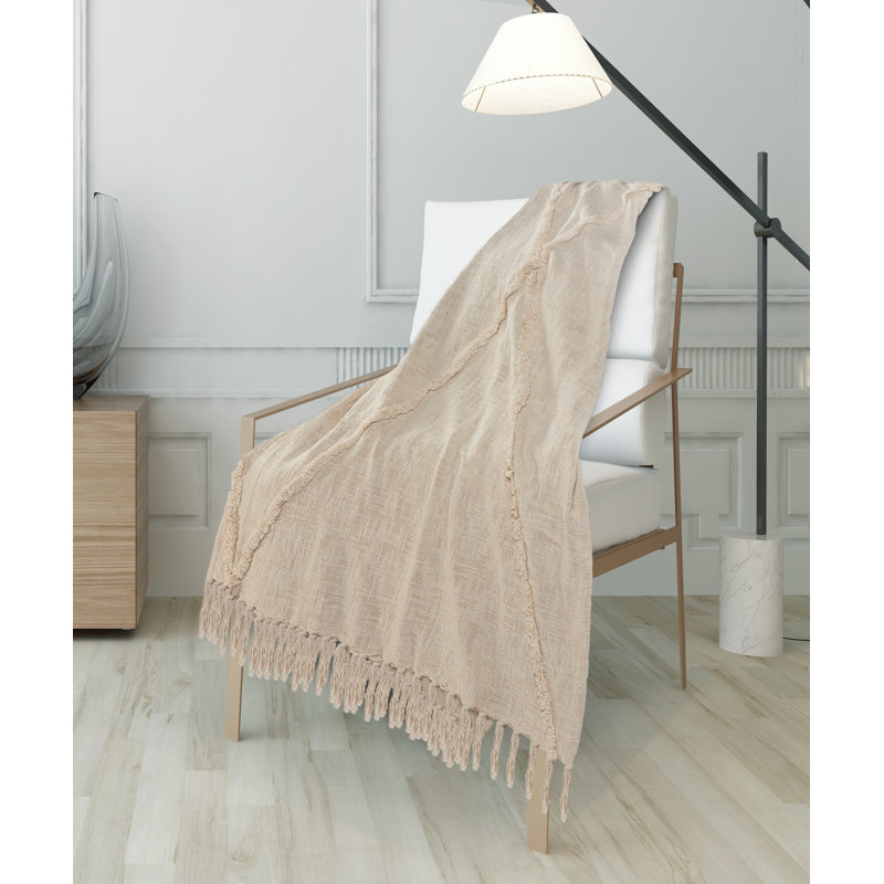Birch & Cream Handwoven Cotton Throw Blanket with Fringe Accents
