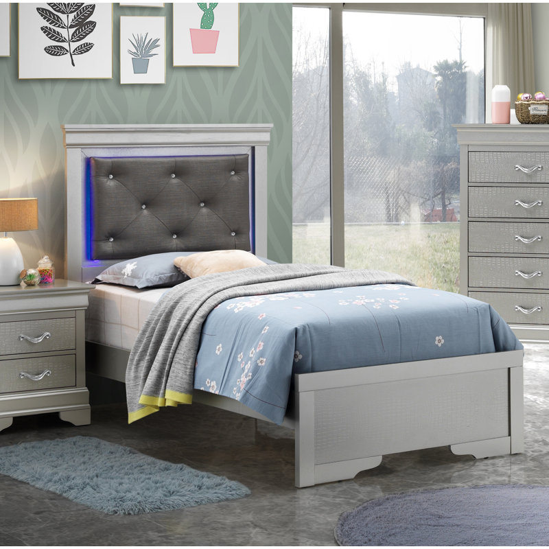Silver Champagne Twin Upholstered Bed with Tufted Headboard and Drawer