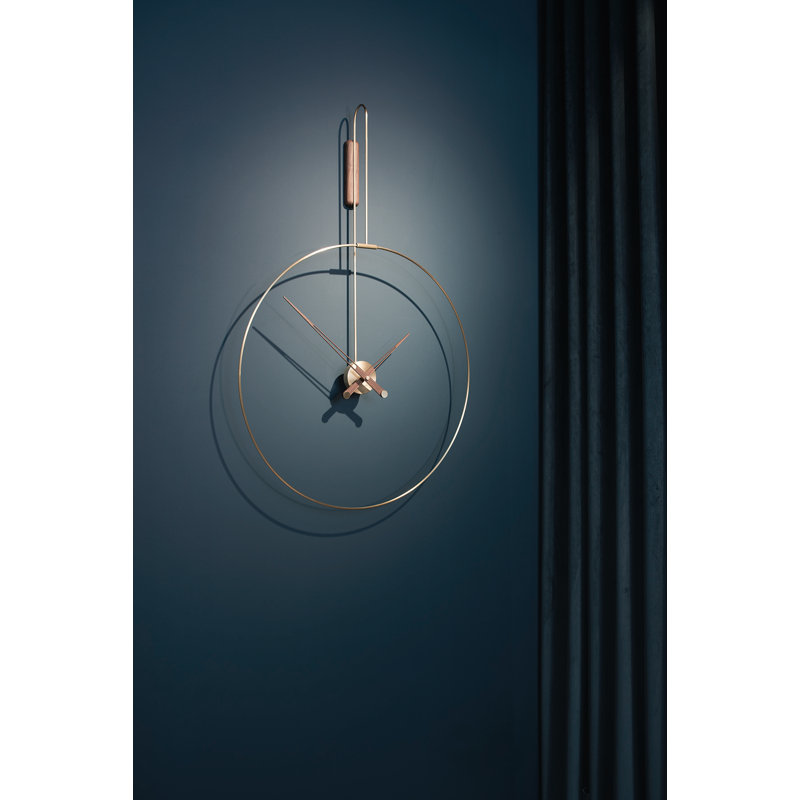 Large Walnut and Brass Minimalist Wall Clock