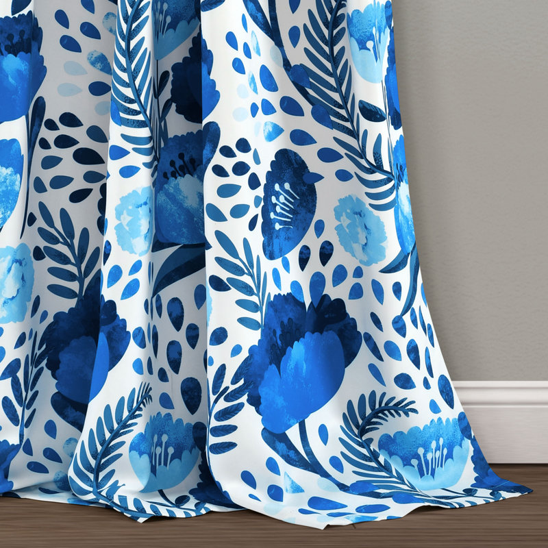 Blue Floral Polyester Room Darkening Curtain Panels