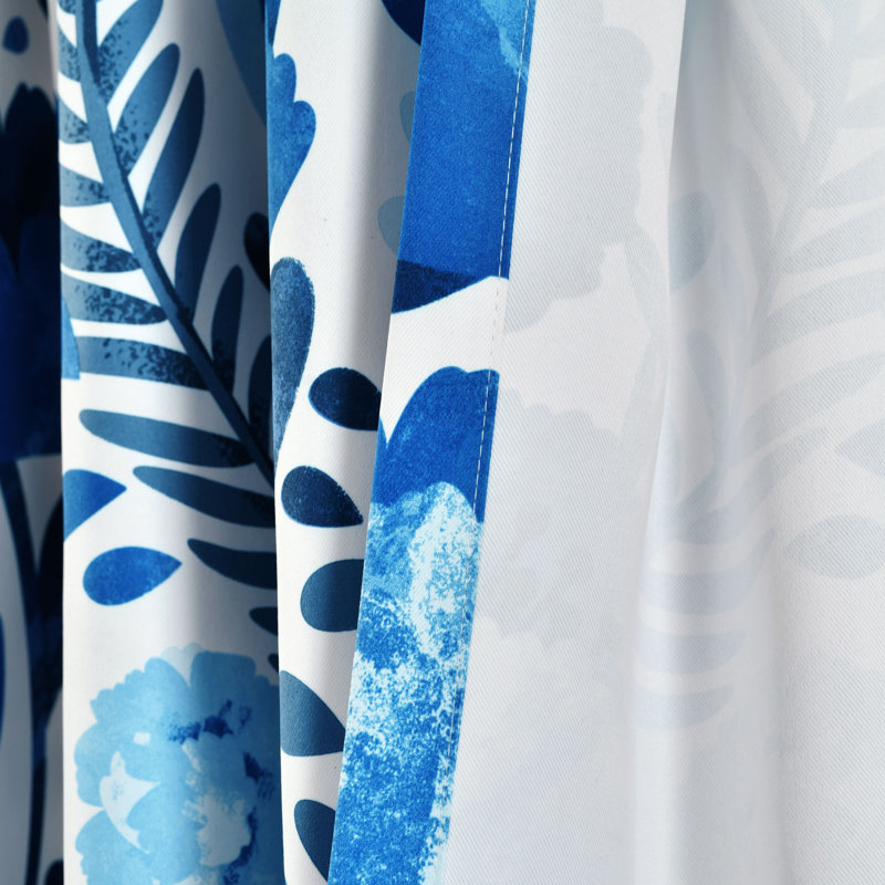Blue Floral Polyester Room Darkening Curtain Panels