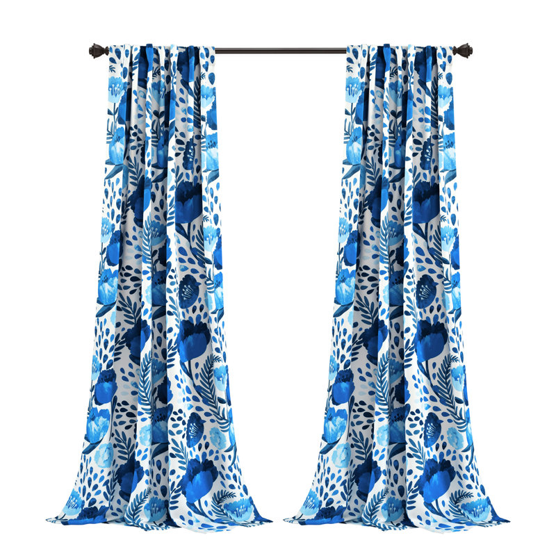 Blue Floral Polyester Room Darkening Curtain Panels