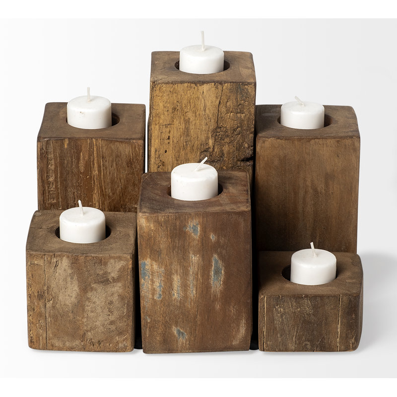 Rustic Honey Brown Wood Block Candelabra