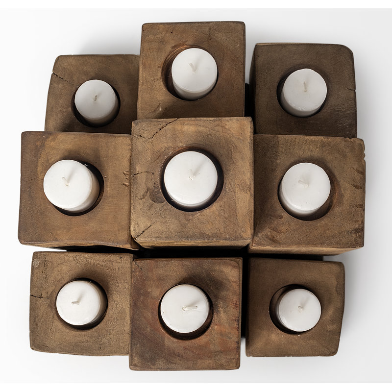 Rustic Honey Brown Wood Block Candelabra