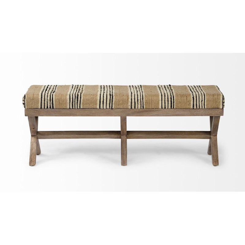 Solis Medium Brown Mango Wood Base with Beige & Black Striped Cushion Accent Bench