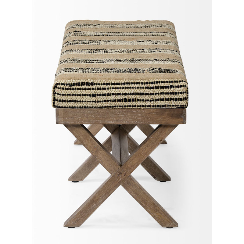 Solis Medium Brown Mango Wood Base with Beige & Black Striped Cushion Accent Bench