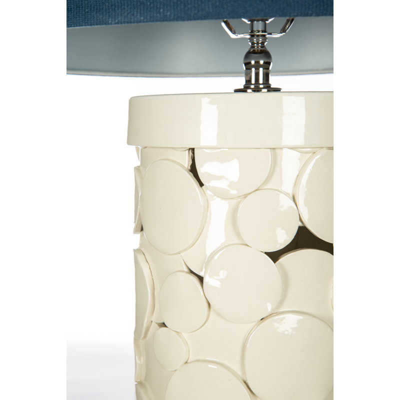Off-White Ceramic Table Lamp with Navy Linen Shade