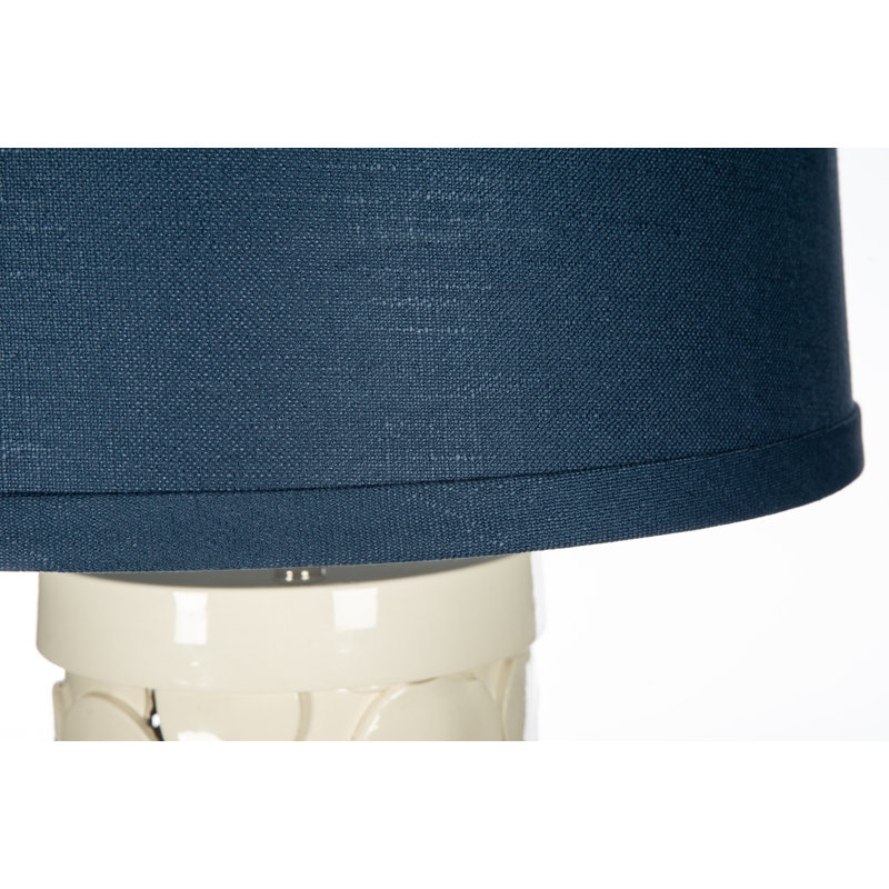 Off-White Ceramic Table Lamp with Navy Linen Shade