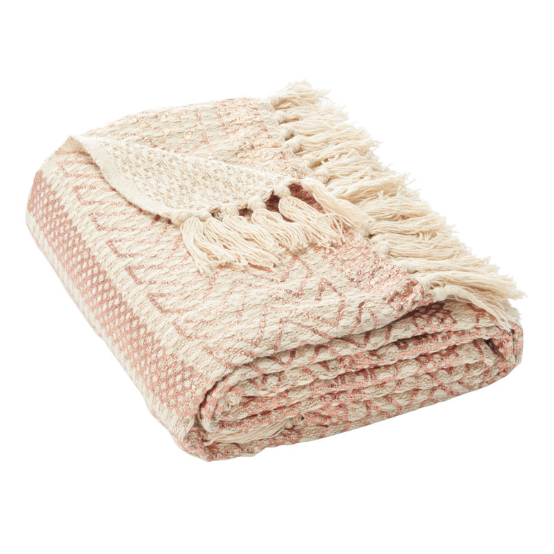 Beige and Copper Cotton Reversible Fringe Throw Blanket
