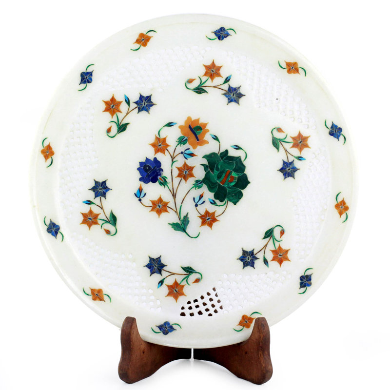 Handcrafted White Marble Floral Inlay Decorative Plate with Stand