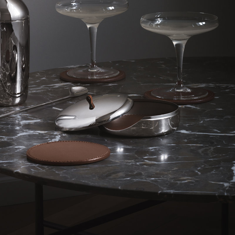 Modern Stainless Steel and Leather Coaster Set with Holder