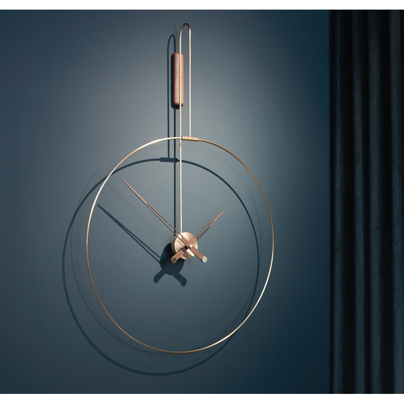 Large Walnut and Brass Minimalist Wall Clock