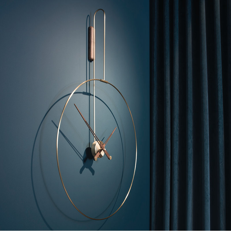 Large Walnut and Brass Minimalist Wall Clock