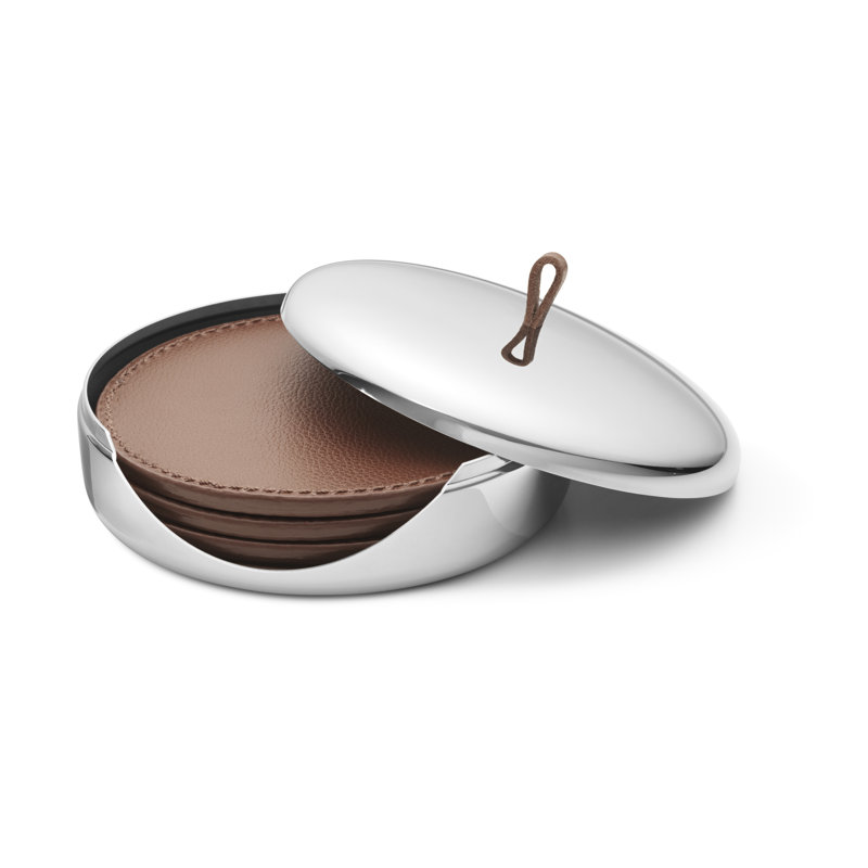 Modern Stainless Steel and Leather Coaster Set with Holder