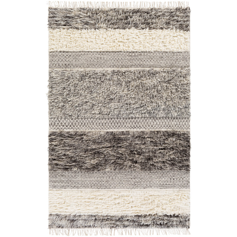 Gray and Cream Handwoven Wool Striped 9' x 12' Rug