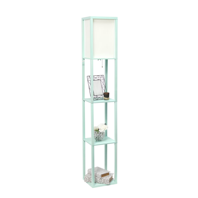 Aqua Transitional Floor Lamp with Linen Shade and Storage Shelf