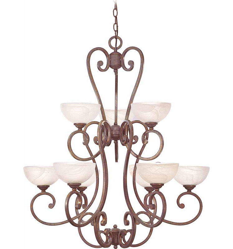 Prairie Rock Bronze 9-Light Tiered Chandelier with Alabaster Glass Shades