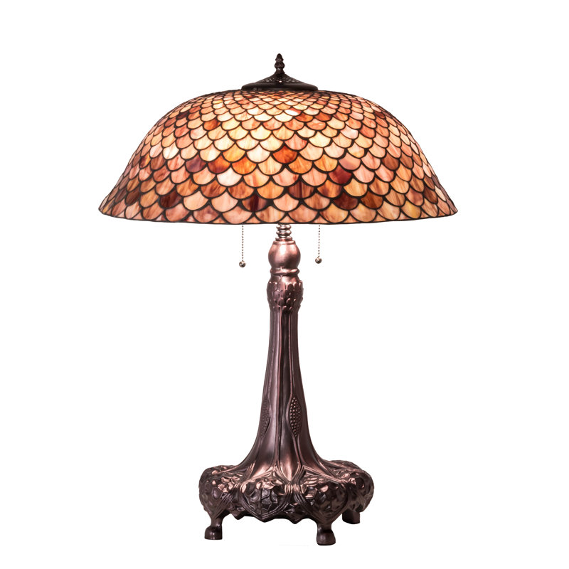 Mahogany Bronze 3-Light Desk Lamp with Ruby Stained Glass Shade