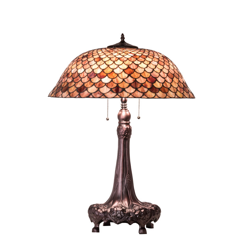 Mahogany Bronze 3-Light Desk Lamp with Ruby Stained Glass Shade