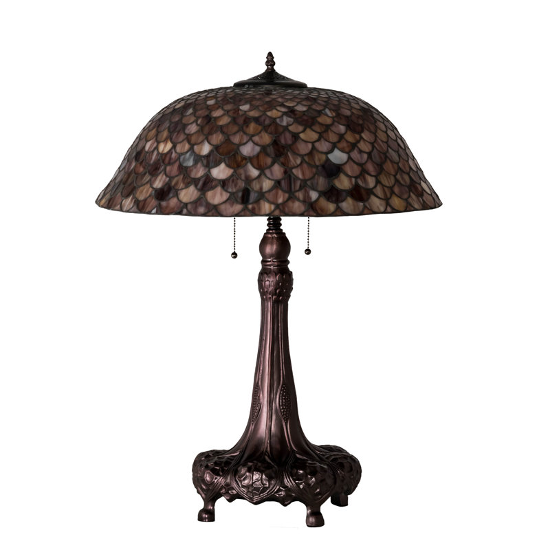 Mahogany Bronze 3-Light Desk Lamp with Ruby Stained Glass Shade