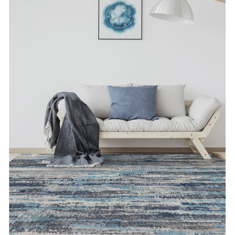 Hand-Knotted Blue Abstract Wool Silk Area Rug