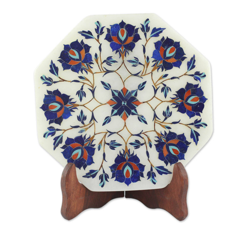 Handmade White Marble Decorative Plate with Blue Floral Inlay