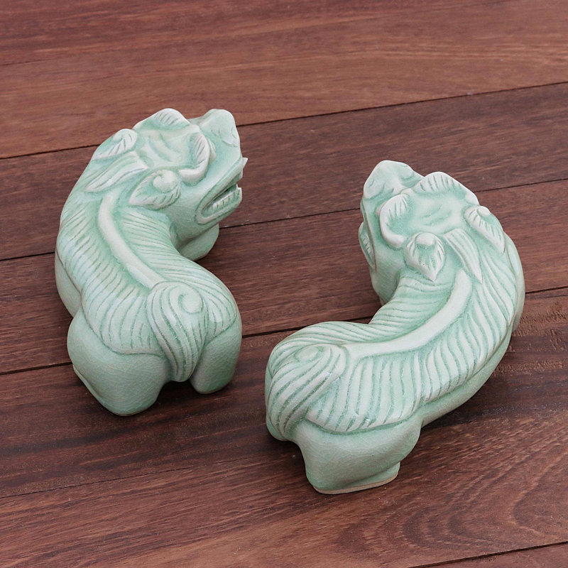 Pair of Green Celadon Ceramic Pi Xiu Sculptures