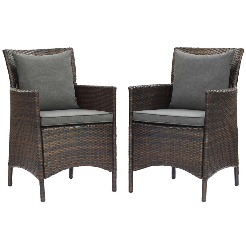 Brown and Turquoise Wicker Rattan Outdoor Dining Chairs, Set of 2