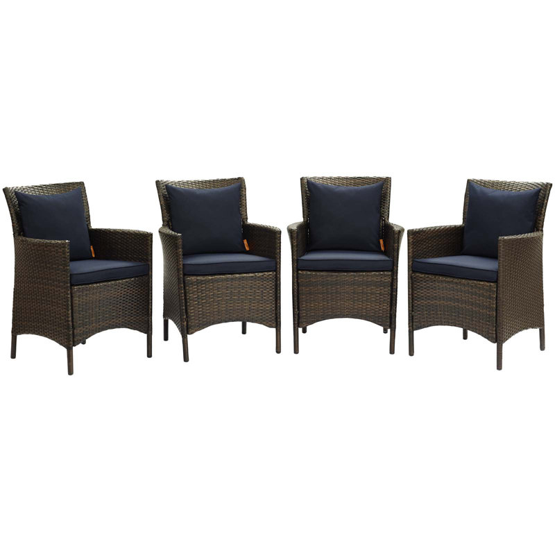 Transitional Brown Mocha Wicker Rattan Dining Armchair with Cushions