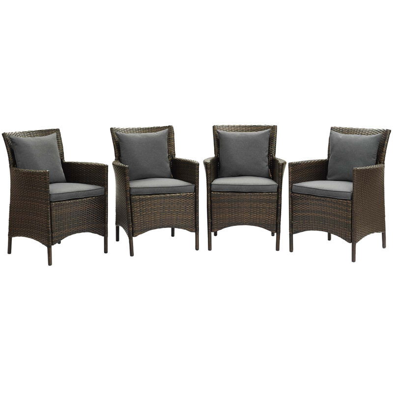 Transitional Brown Mocha Wicker Rattan Dining Armchair with Cushions