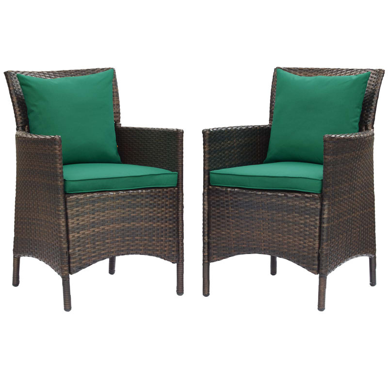 Brown and Turquoise Wicker Rattan Outdoor Dining Chairs, Set of 2