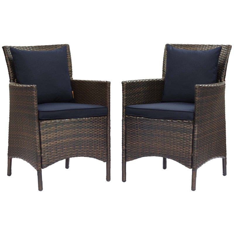Brown and Turquoise Wicker Rattan Outdoor Dining Chairs, Set of 2