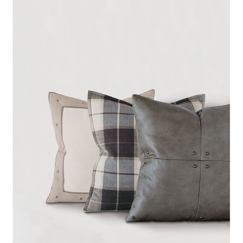 Gray Cowhide Leather Square Throw Pillow with Nailhead Details